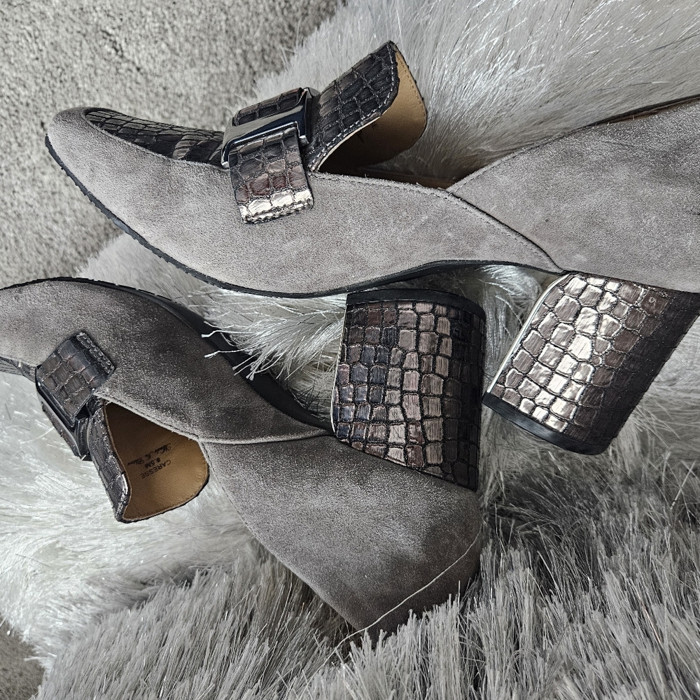 Barely worn Donald Pliner grey two tone with buckle/alligator style chunky heel